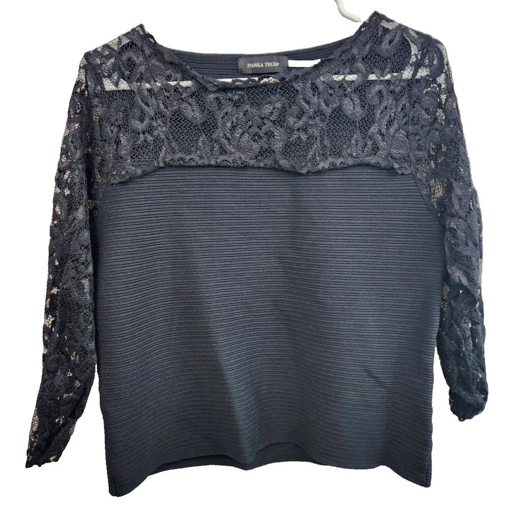 Ivanka Trump Womens Top Large Black Lace Yoke Ribbed Knit 3/4 Sleeve‎ Carrier